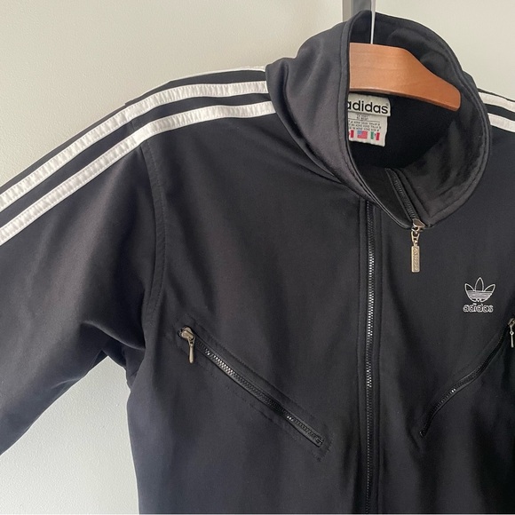 90s Vintage Adidas Track Jacket Cuff Zippers Black 3 White Stripes Womens Medium - Picture 7 of 12